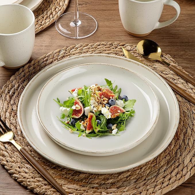 AmorArc 24 Pieces Ceramic Dinnerware Sets for 6, Handpainted Plates and Bowls Set with Rustic Terracotta Underside, Scratch Resistant Stoneware Dishes Set, Dishwasher & Microwave Safe, Light Beige