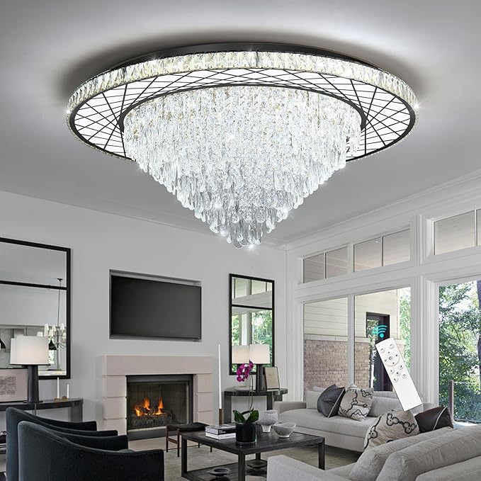 Large Chandelier for Living Room High Ceiling Modern Crystal Ceiling Chandeliers Light for Dining Room Entryway Lights with 90W LEDs Dimmable Bulbs Black Lighting Fixtures