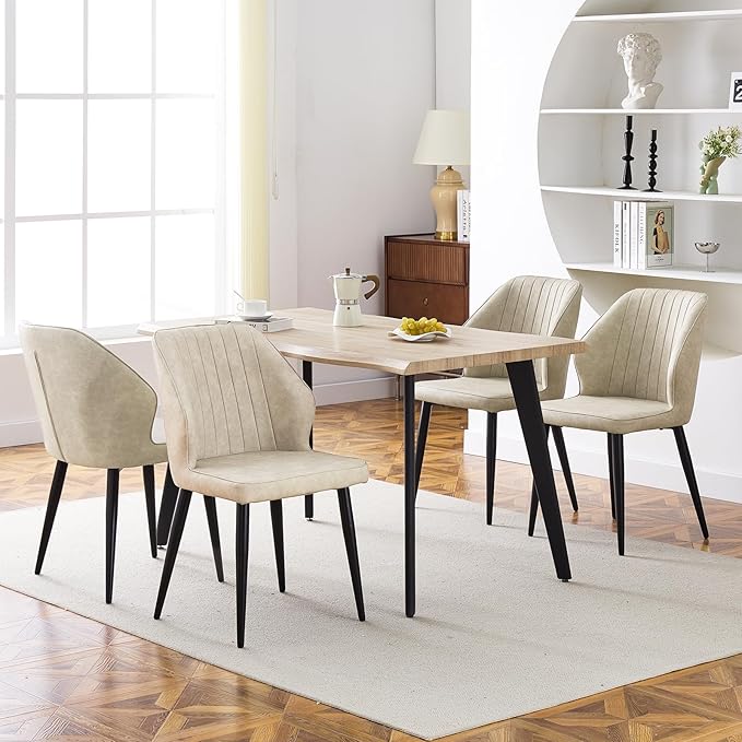 CLIPOP Faux Leather Dining Chairs Set of 2, Mid Century Modern Kitchen Chair, Upholstered Seat Leisure Side Chair with Backrests, Metal Legs for Living Room, Lounge, Guest Room, Cream
