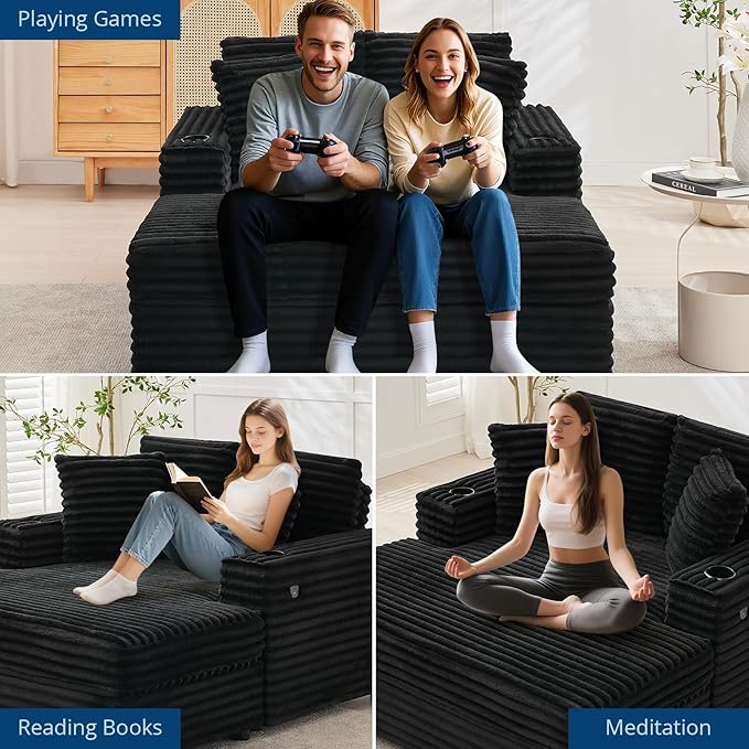 GarveeHome Oversized Chaise Lounge Chair Indoor, 56x60 Inch Comfortable Corduroy Lounge Sofa with Charging Ports & Cup Holders, Cozy Reading Couch for Bedroom Living Room Apartment, Black