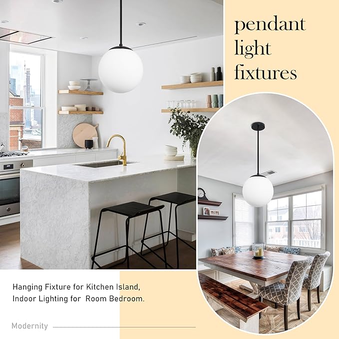 13.7" Globe Pendant Light 3-Light Black Milk Glass Pendant Light Mid Century Modern Light Fixture Globe Pendant Lights Kitchen Island Matte Black Finished with Milk Glass Lampshade for Bedroom