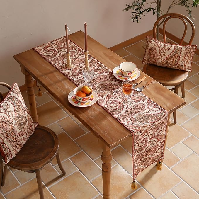 Designer Elegant Red Linen Table Runner 87 Inches Long,Vintage Paisley Pattern Durable Table Runners for Dining Tables,Thanksgiving,Kitchen Tables,Christmas,12"*87"-Chauffrey A