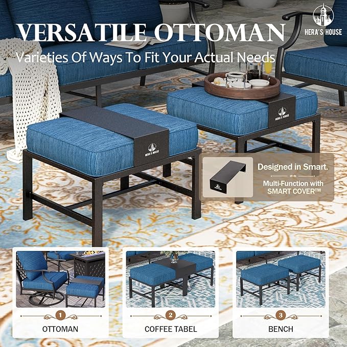 HERA'S HOUSE 6 Piece Patio Furniture Set, 2 x Swivel Cushioned Chair, 2 x Cushioned Ottoman, 1 x 3-Seat Sofa with Marbling Coffee Table, Outdoor Conversation Set for Lawn Garden Backyard, Pacific Blue