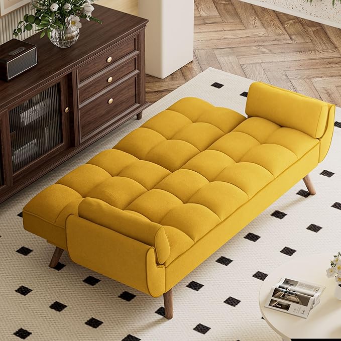 Futon Couch for Small Spaces & Apartment, 2-in-1Modern Comfy Loveseat Convertible Sofa Bed, 75.4-Inch Compact Design for Living Room, Dorms, and Studios-Yellow