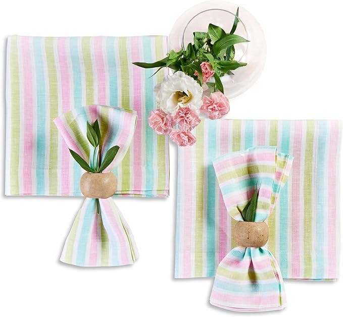 Solino Home Linen Napkins Set of 4-100% Pure Linen Multicolor Palm Beach Stripe Cloth Dinner Napkins 20 x 20 Inch - Handcrafted and Machine Washable
