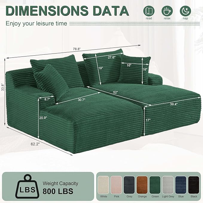 GNIXUU 78.8" Oversized Double Chaise Lounges Indoor, 2 Pieces Comfy Corduroy Chaise Lounge Chair Cloud Boneless Couch, Fluffy Upholstered Sleeper Loveseat Bed for Living Room Bedroom Reading(Green)