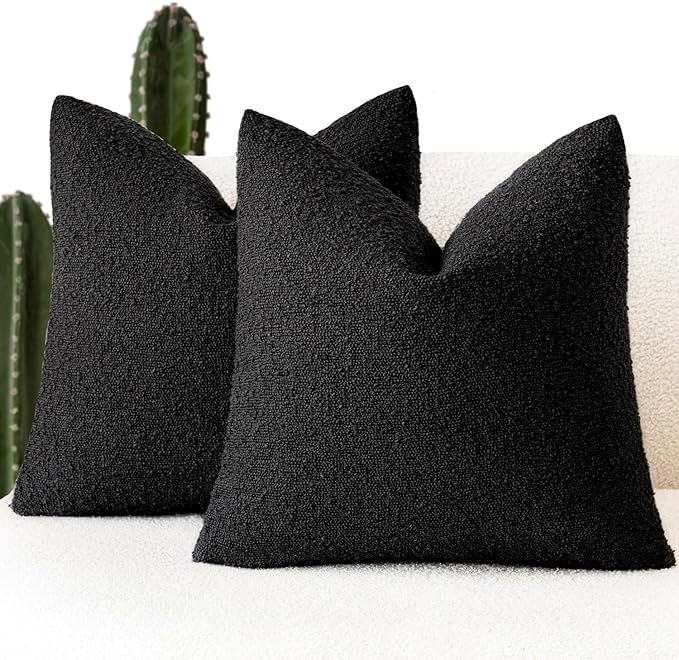 Foindtower Set of 2, Decorative Textured Boucle Throw Pillow Covers Accent Solid Pillow Cases Neutral Soft Cozy Couch Cushion Case for Chair Sofa Bedroom Living Room Home Decor 16 x 16 Inch Black