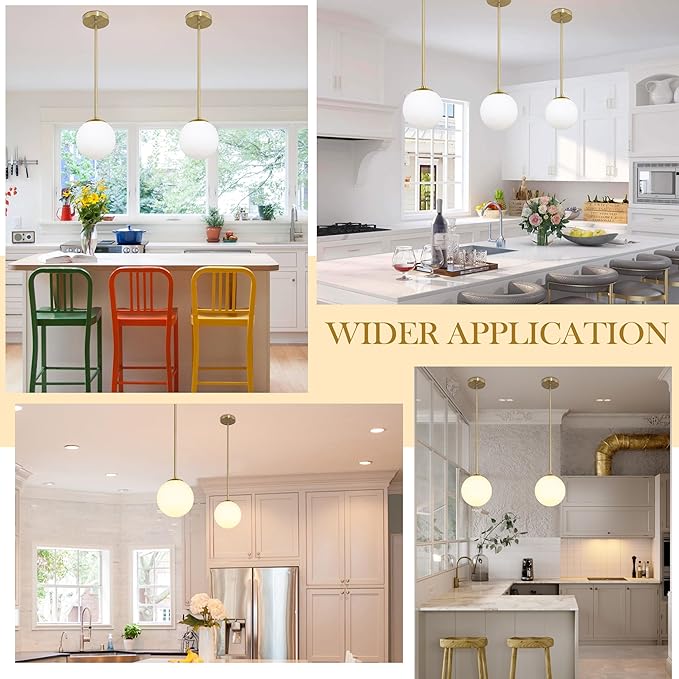 8" Globe Pendant Light Gold Mid Century Modern Light Fixture Globe Pendant Lights Kitchen Island Milk Glass Pendant Light Brushed Brass Finished with Milk Glass Lampshade for Dining Room