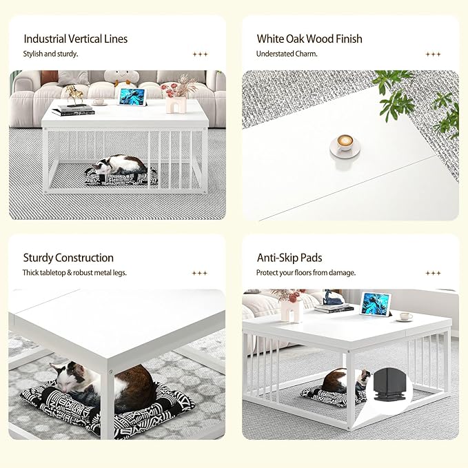 FOLUBAN White Coffee Table, Modern Rustic Wood and Metal Center Table, Industrial Simple Cocktail Tea Table for Living Room, 31.5 Inch