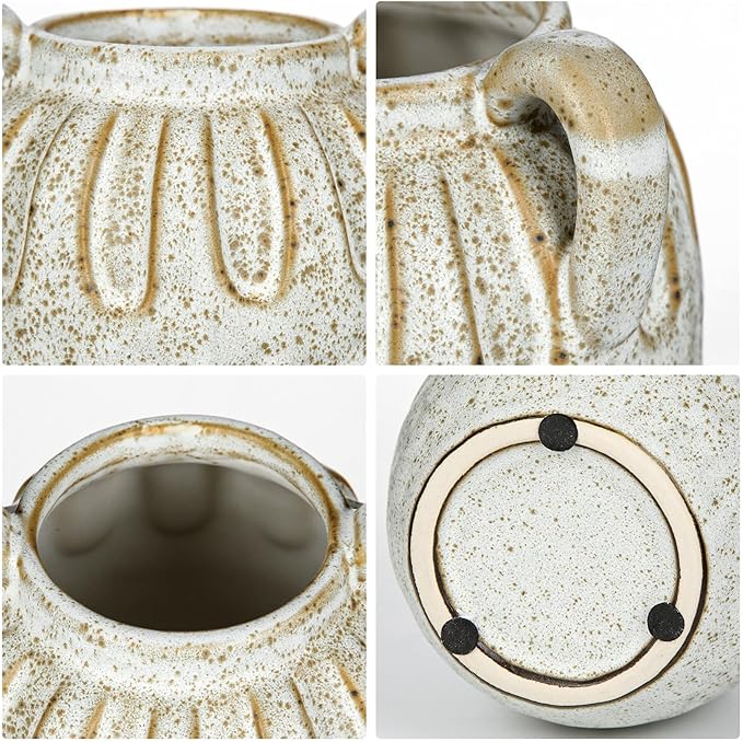 Ceramic Vase with 2 Handles,7.8 Inch Rustic Farmhouse Boho Vase for Home Decor, Petal-Like Pluting Vintage Vase for Flower, Centerpiece Table Decoration