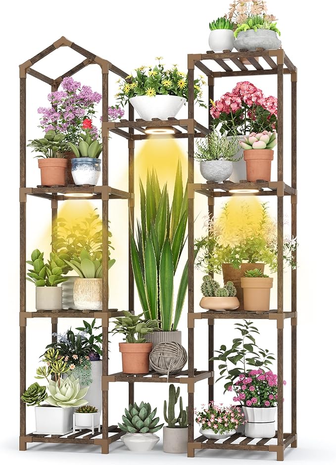 Wooden Plant Stand with Grow Light, 4-Tier Indoor Ladder Shelf with Roof Design, Carbonized Wood Rack for Balcony, Corner, or Living Room, Space-Saving Decorative Holder