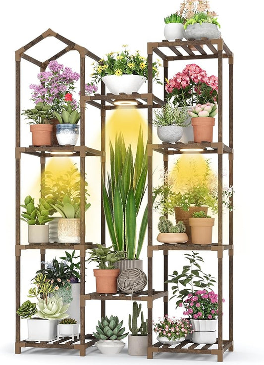 Wooden Plant Stand with Grow Light, 4-Tier Indoor Ladder Shelf with Roof Design, Carbonized Wood Rack for Balcony, Corner, or Living Room, Space-Saving Decorative Holder