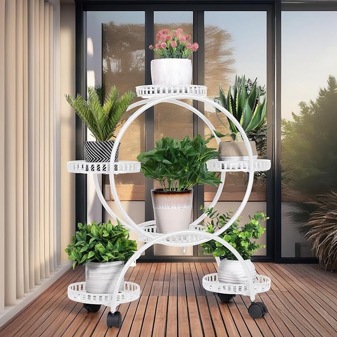unho Metal Plant Stand 6-Potted: Flower Pot Holder with Wheels 4 Tier Display Shelf Rack for Patio Balcony Yard Garden Home Decor, White