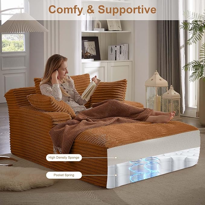 GNIXUU Oversized Chaise Lounge Chair Indoor, Comfy Fluffy Lounge Sofa Upholstered Sleeper Sofa Couch with Throw Pillows and Armrests, Corduroy Plush Chair Bed for Living Room, Orange