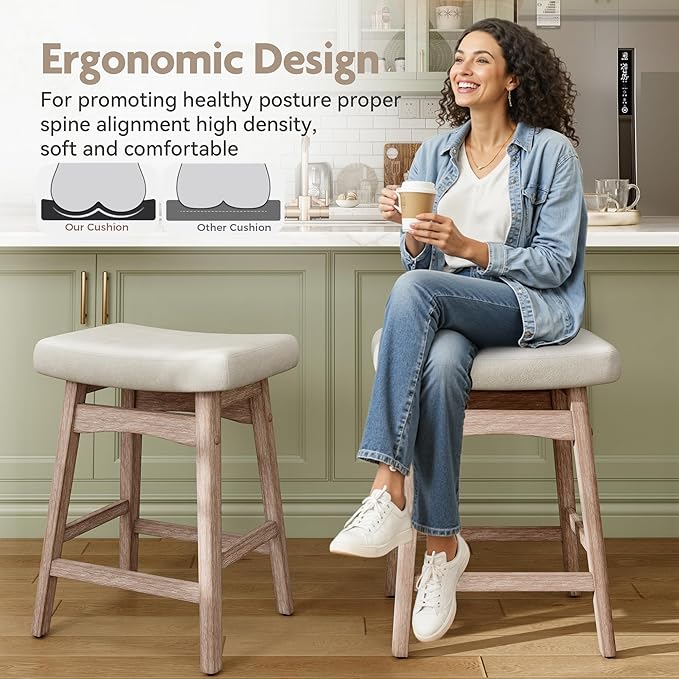 MAISON ARTS Bar Stools Set of 3 Counter Height for Kitchen Counter Solid Wood Legs with Fabric Saddle Seat Farmhouse Barstools for 34"-38" Counter Island Upholstered Stools, 24in, Creamy White