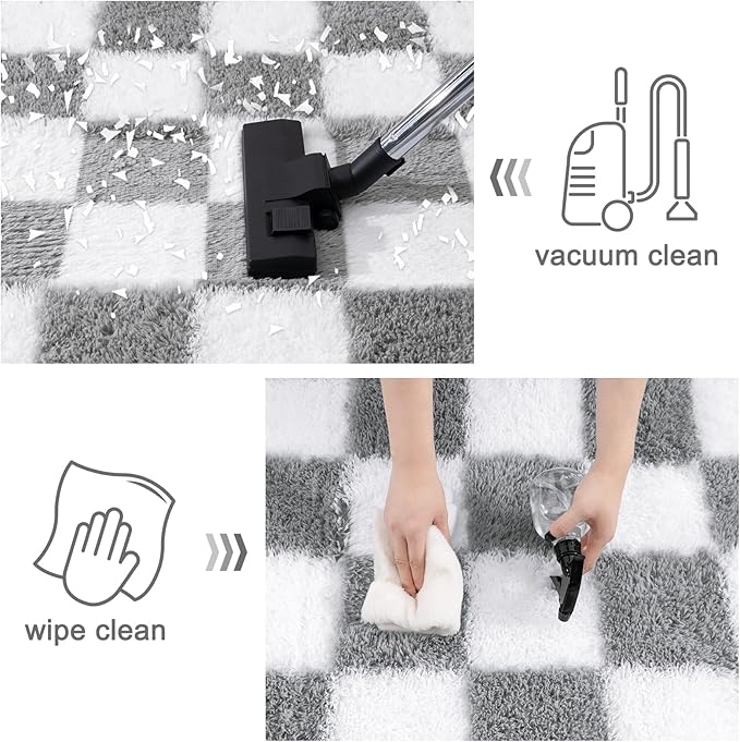 Checkered Rug for Living Room 6x9, Ultra Fluffy Fuzzy Shag Large Area Rug for Bedroom, Modern Plush Soft Upgrade Non-Slip Carpet for Kids Girls and Boys Room Dorm Home Decor, White and Grey