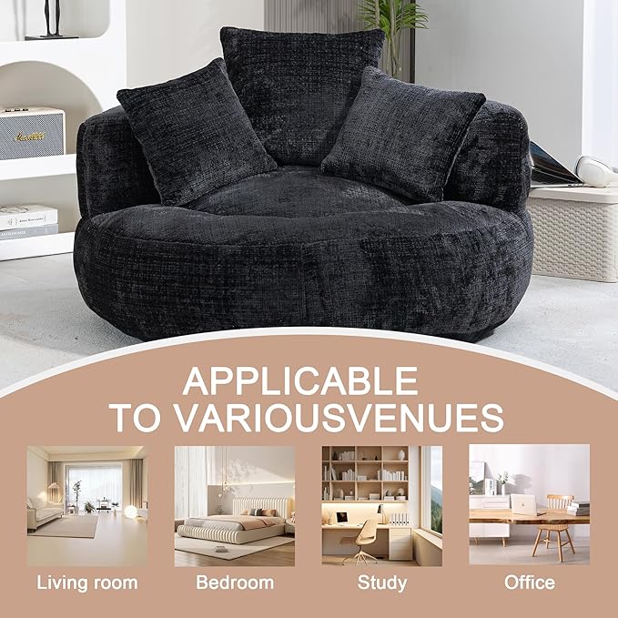 42'' Oversized Round Chair, Single Lounge Chaise Upholstered Sofa Bed with Deep Seat, Chenille Bean Bag Chiar with Pillows for Living Room, Bedroom, Apartment, Reading, No Assembly (Black)