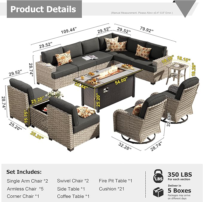 HOOOWOOO Outdoor Sectional Patio Furniture Set with Fire Pit Table,13 Pieces Wicker Conversation Sets L Shaped Couch,Extra Deep Out Door Sofa Outside Furniture with Swivel Chairs,Black