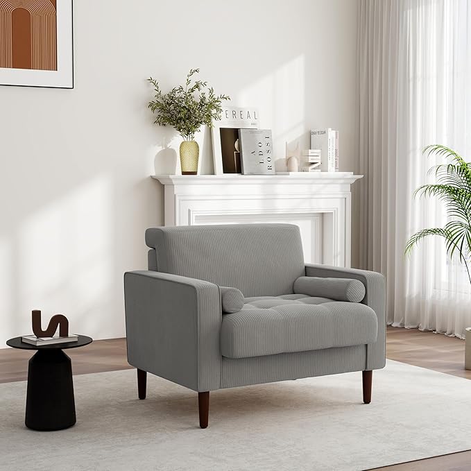UIXE Accent Chair, Corduroy Upholstered Arm Chairs for Living Room, Comfy Armchair Mid-Century Track Armrest Single Sofa Bedroom Reading Seat with 2 Bolster Pillows - Light Gray, Set of 1