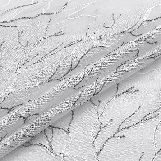 VISIONTEX Sheer Curtains 72 inch Length 2 Panels Set, Decorative Grey Coral Embroidery, Rod Pocket Embroidered Window Drapes for Living Room and Bedroom, 54" x 72"