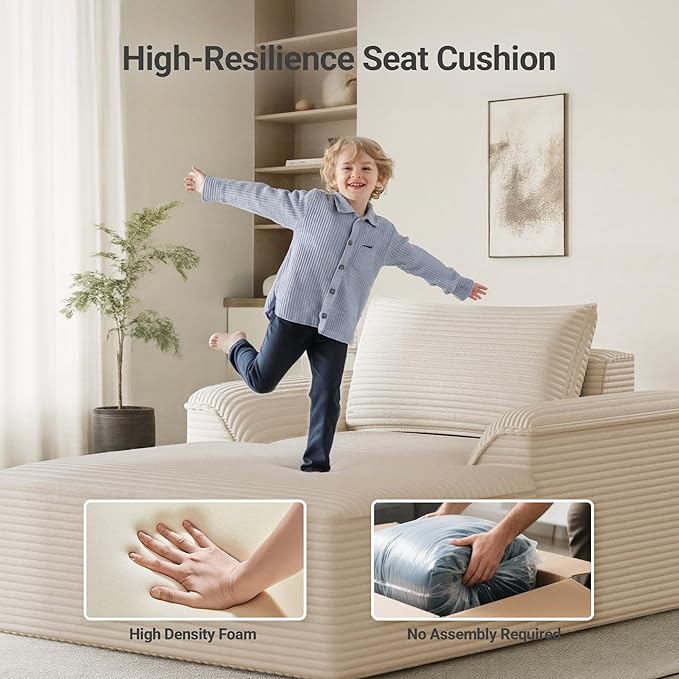 Claiks 68" Oversized Chaise Lounge Chair Indoor, Corduroy Upholstered Boneless Sofa Bed, Deep Seat Sleeper Couch with Pillows and Armrest, Cloud Sofas Reading Chair for Living Room, Khaki