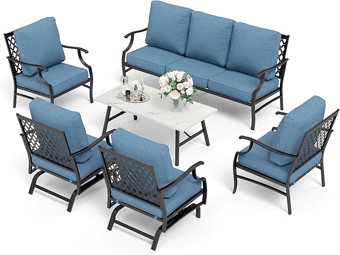 HERA'S HOUSE 6 Piece Patio Furniture Set, 2 x Rocking Chair, 2 x Fixed Chair, 1 x 3-Seat Sofa with Marbling Coffee Table, All Weather Outdoor Conversation Set for Lawn Garden Backyard, Navy Blue