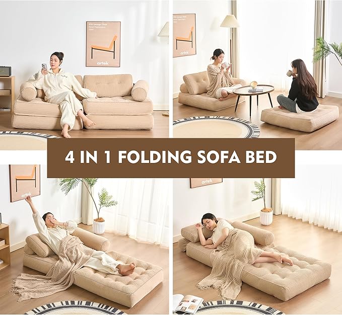 Plus Futon Sofa Bed for Small Spaces, Floor Couch with Armrest, Folding Sofa Couch, Convertible Sleeper Chair Bed with Pillow, Portable Comfy Floor Lounge for Living Room and Bedroom, Camel
