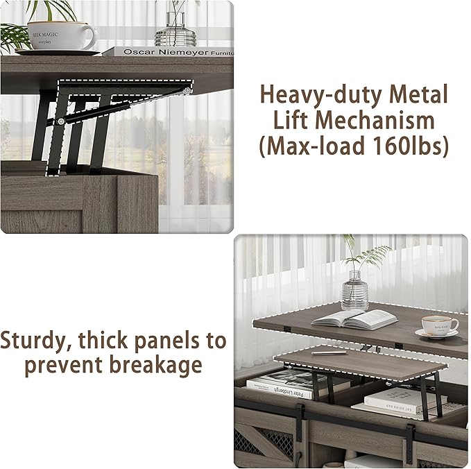 47.2" Lift Top Coffee Table, 4 in 1 Farmhouse Coffee Table with Storage and Sliding Barn Doors, Coffee Tables for Living Room, Dining Room (Grey)