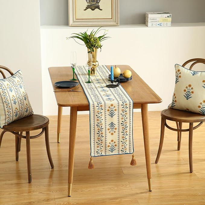 ISAENNE Designer Pale Yellow Elegant Linen Extra Long Table Runner 118 Inches,French Floral Pattern Elegant Table Runners for Dining Tables,Thanksgiving,Kitchen Tables,Christmas,12"*118"-Estevan A