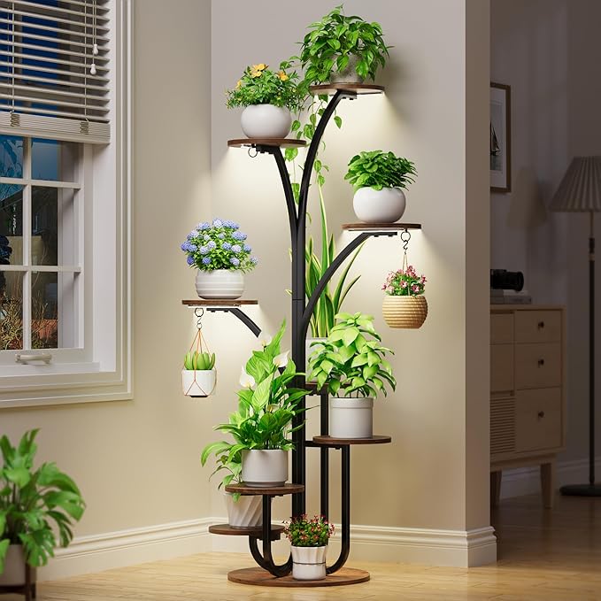 Plant Stand Indoor with Grow Lights, 8 Tier Tall Display Shelf for Cute Indoor Plants, 60" Tree-Shape Display Rack, Corner Plant Flower Pot Holder for Living Room, Patio, Balcony, Home Decor