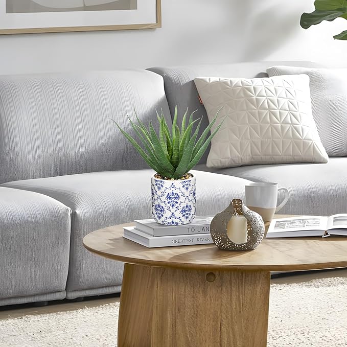 Briful Agave Plants Artificial Succulents Fake Plant in Blue Vase, 9'' Tall Realistic Faux Aloe Vera for Home Decor Indoor Centerpiece Table Kitchen