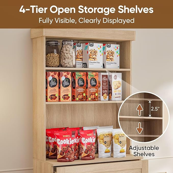 Vyre 71" Farmhouse Kitchen Pantry Cabinet Set of 4, Brown Freestanding Coffee Bar Hutch with Drawers & Adjustable Shelves, Large Storage Cabinet with Microwave Stand for Living Room & Kitchen