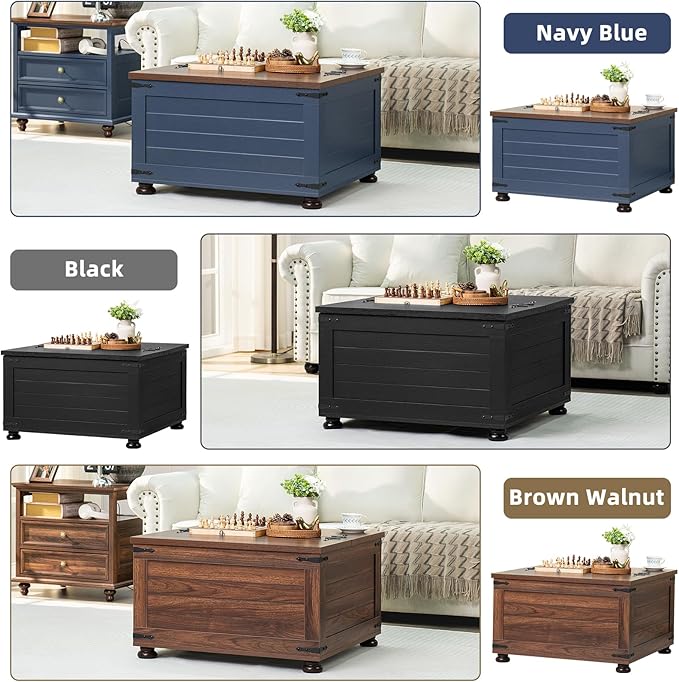 Farmhouse Coffee Table with Hidden Storage,Large Square Center Table for Living Room,Retro Cocktail Tables with Flip-Top Lids, Farm House Tables with Wooden Gourd Feet for Home,Brown Walnut