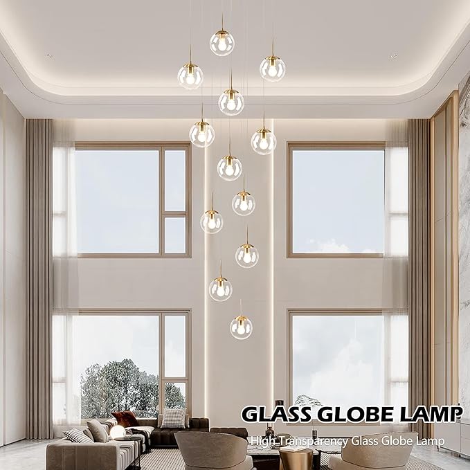 KoKo&Yukina 12-Light Gold Mid Century Modern Chandelier for Living Room Staircase Chandelier for Entryway Clear Globe Glass Chandelier High Ceiling Chandeliers Foyer Entryway (Bulb & Remote Incl.)