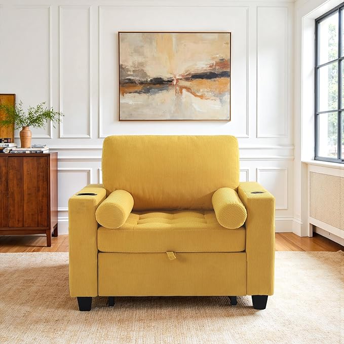 UIXE 3-in-1 Sleeper Sofa Chairs Set of 2, Pull Out Sofa Bed Convertible Reclining Seat Upholstered Armchair, Adjustable Backrest Recliner Chair with Side Pockets, Cup Holder & USB Ports - Yellow