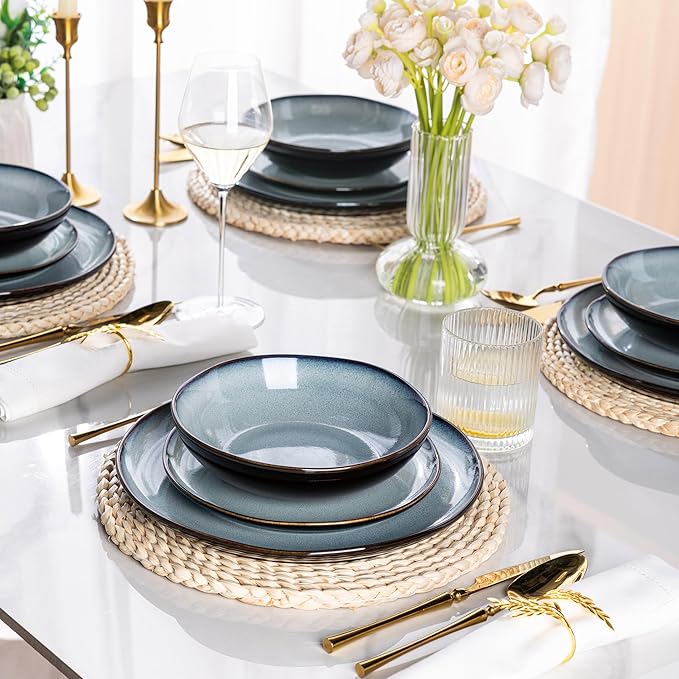 LeRatio Ceramic Dinnerware Sets for 4,Wavy Reactive Glaze Stoneware Plates and Bowls Sets,Highly Scratch Resistant | Dishwasher & Microwave,Oven Safe Dishes Set(12PCS)