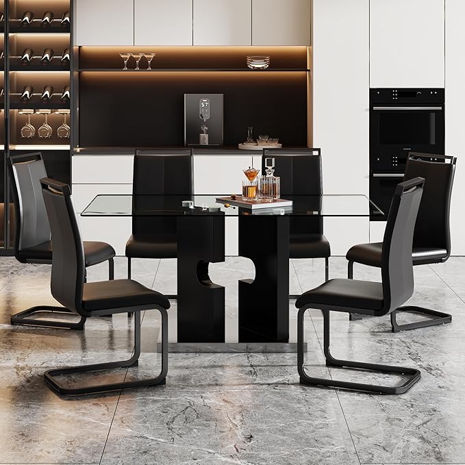 Glass Dining Table Set for 6,7 Piece Dining Table Set, Tempered Glass Table Top and Modern Design MDF Base with 6 PU Leather Ergonomic Dining Chairs