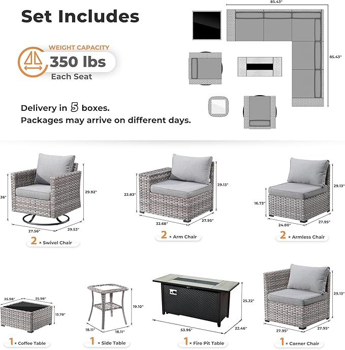 ovios 10 Pieces Patio Furniture Set, Outdoor Wicker Sectional Sofa with 54" Fire Pit Table Swivel Chairs, Modern Modular Deep Seat Rattan Couch Conversation Sets, Dark Grey