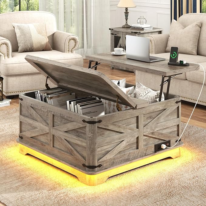 36" Farmhouse LED Lift Top Coffee Table with Storage and Power Outlets, Square Wood Living Room Tables with LED Lights & Large Hidden Space, Lift Wooden Barn Door Center Table, Grey