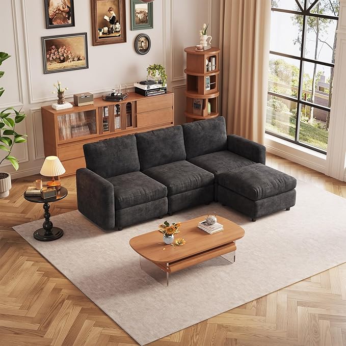 Exlarge Modular Sectional Sofa,111.5" U-Shaped Corduroy Comfy Sectional Couches for Living Room,Modern Deep Seat Sofa,3-Seater Cloud Couches with 1 Movable Ottomans,Flexible Combination (Grey)