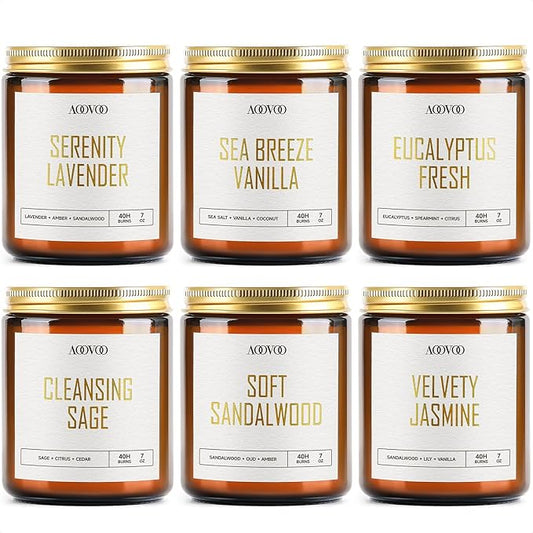 AOOVOO Candles Set - 6PC Scented Candles, Soy Candle, Aromatherapy Candle, Soy Wax Candle, Candle for Home Scented, Lavender/Vanilla/Eucalyptus/Sage/Jasmine/Sandalwood