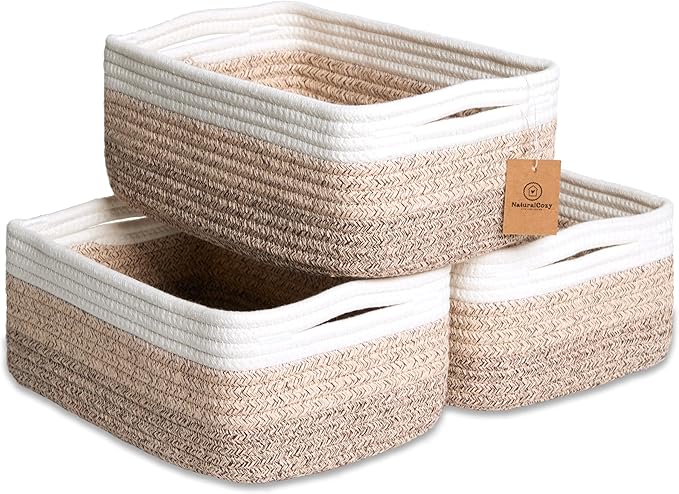 NaturalCozy 11.8"x8"x4.5” Storage Baskets for Shelves 3 Pack | Cotton Rope Woven Small Baskets for Organizing | Small Storage Bins for Nursery, Bathroom, Closet, Cube Shelf, Decorative, Gift Basket