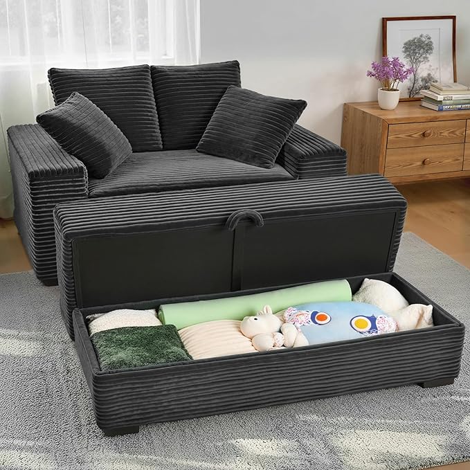 Indoor Chaise Lounge Chair With Storage Ottoman, Modern 60-Inch Lounge Sofa Chair With Wide Armrests & 4 Pillows, Oversized Comfy Reading Lounger For Living Room, Bedroom（Wide-Rib Corduroy Grey)