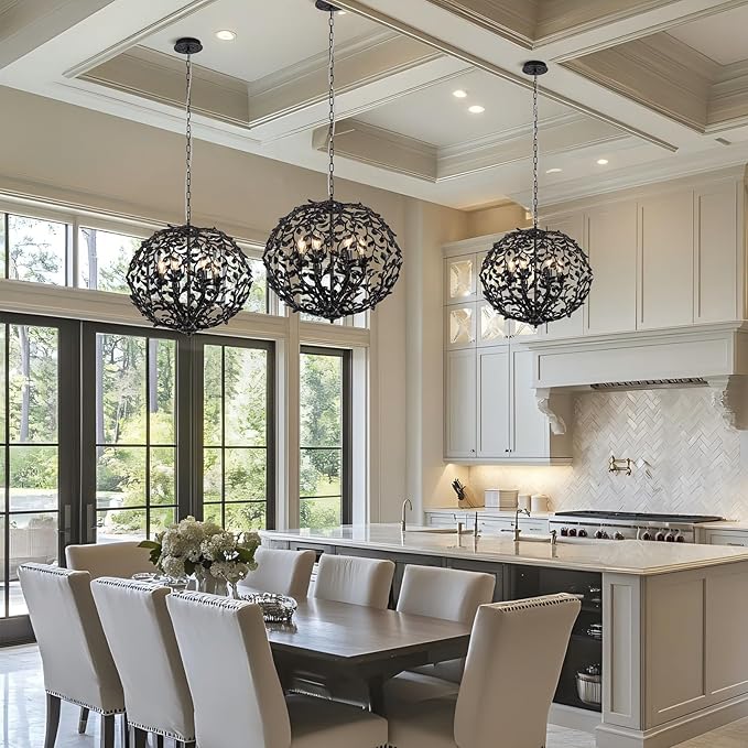 Black Industrial Branch Pendant Lights, 6-Light Modern Farmhouse Pendant Lighting , High Ceiling Hanging 21.7" Spherical Cage Pendant light Fixture for Living Room, Dining Room, Foyer, Bedroom