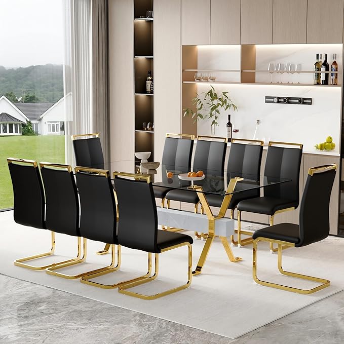11 Piece Glass Dining Table Set, 79" Modern Dining Table Set for 10, 0.5" Thick Tempered Glass Tabletop with Silver Chrome Metal Legs and Grey Crossbar, 10 PU Chairs for Dining Room, Kitchen
