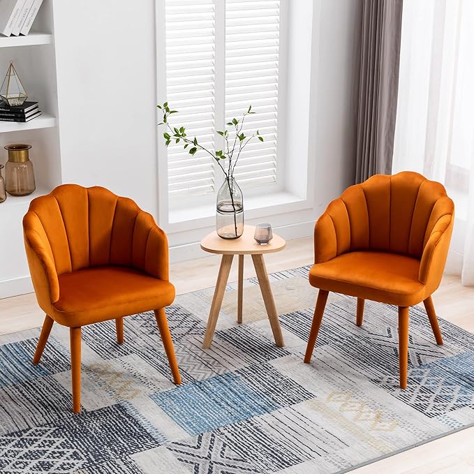 Velvet Dining Chairs Set of 2 Modern Accent Chairs Upholstery Side Chairs with Upholstered Wood Legs for Home Kitchen Living Room, Orange