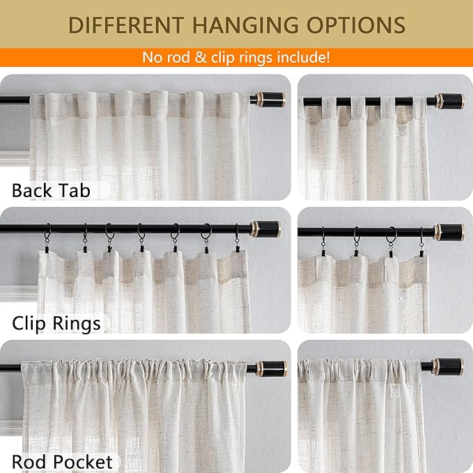 MYSKY HOME Linen Curtains for Living Room, Natural Semi Sheer Curtains & Drapes 80 inches Length 2 Panels Set Farmhouse Country Boho Style Back Tab Draperies for Sliding Glass Door, 50" Wide, Linen