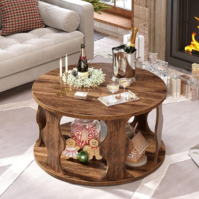 HSH Round Wood Coffee Table, Rustic Brown Circle Center Table with Storage, Farmhouse Wooden Living Room Coffee Tea Tables in Small Room, Unique Vintage 2 Tier Circular Middle Cocktail Table, 31.5 in
