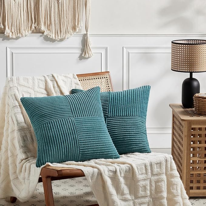Fancy Homi 2 Packs Teal Decorative Throw Pillow Covers 16x16 Inch for Living Room Couch Bed Sofa, Rustic Farmhouse Boho Home Decor, Soft Corss Patchwork Corduroy Textured Square Cushion Case 40x40 cm