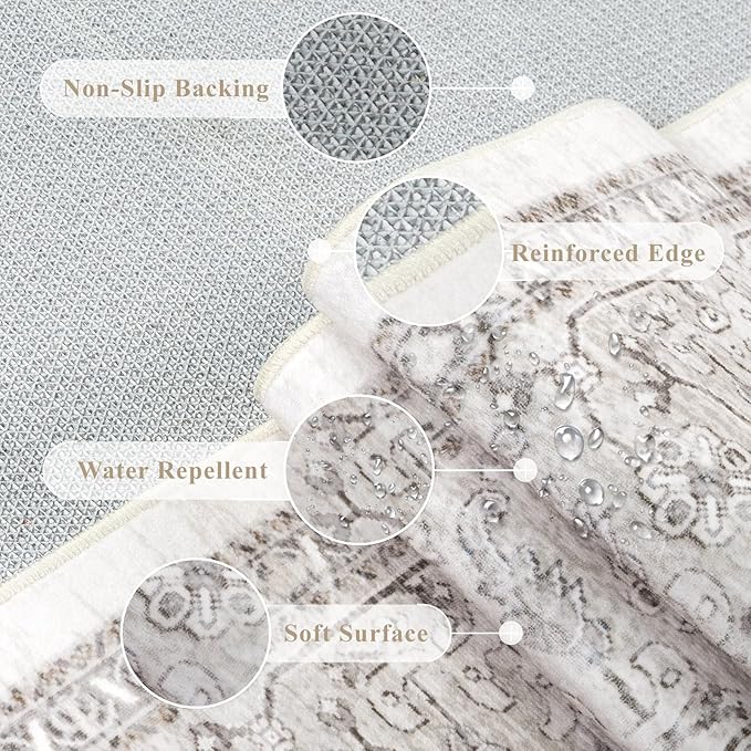 LIVEBOX Washable Area Rug 8x10 - Large Taupe Vintage Tribal Living Room Rug Oriental for Bedroom, Non-Slip Retro Medallion Carpet Print Distressed for Dining Room Guest Office